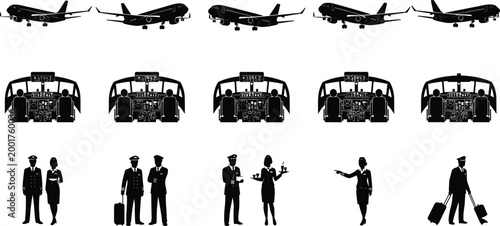 Air travel silhouettes, airplanes shuttle buses crew icons, aviation transportation airport operations pilots flight attendants luggage communication