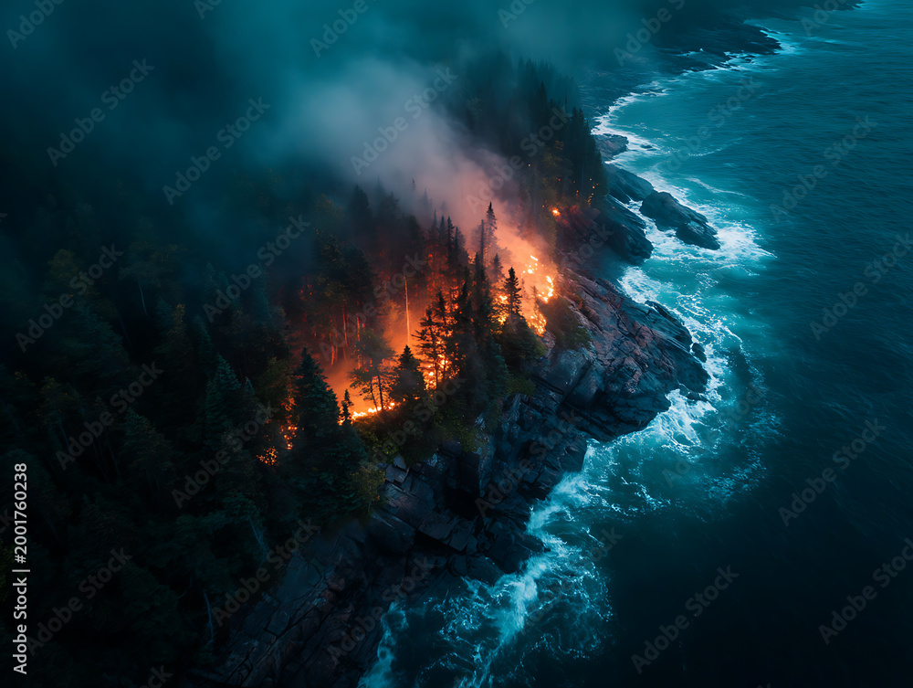 Fototapeta premium Wildfires on the peninsula, bright flames surround the edge of the pine forest, top view