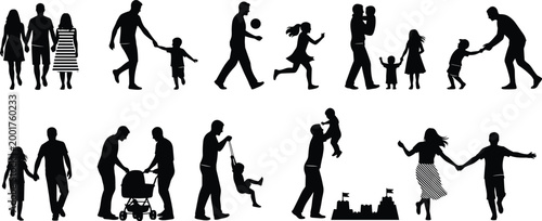 Family bonding silhouettes, parents children activities, walking playing lifting stroller pushing sandcastle building swinging together