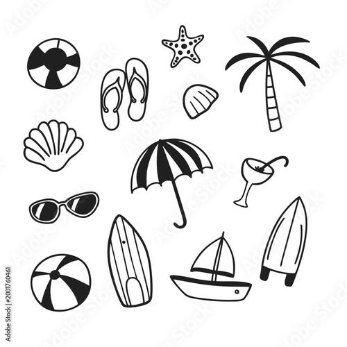 Summer Beach Vacation Doodle Icons Set – Hand Drawn Coastal Line Art Collection