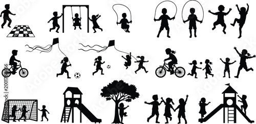 Children playground silhouettes, outdoor activities icons, kids playing swings kites bicycles soccer climbing running interaction fun