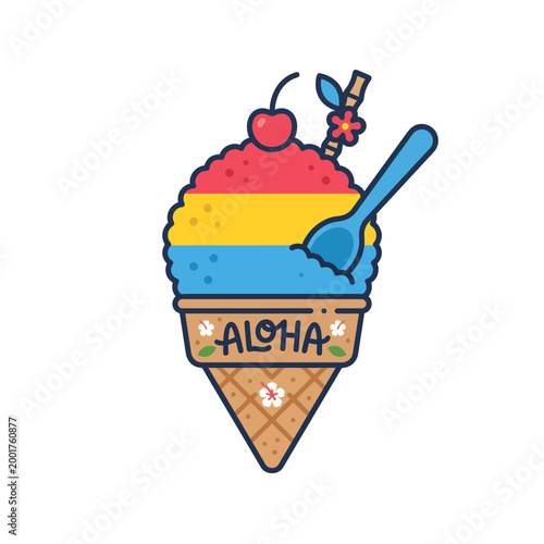 Tropical Shave Ice Cone with Aloha Text Illustration