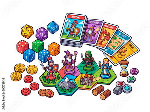A vibrant tabletop fantasy game set with diverse components 