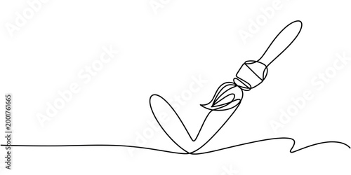 Single line of a paintbrush creating a check mark symbol and wavy lines sign approval in white background