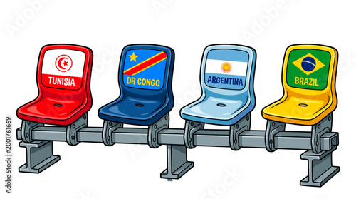 Stadium seats featuring the flags of Tunisia, the Democratic Republic of Congo, Argentina, and Brazil, representing diverse nations