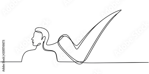 Single line of a person's profile connected to a large check mark symbol tick mark approval agreement in white background