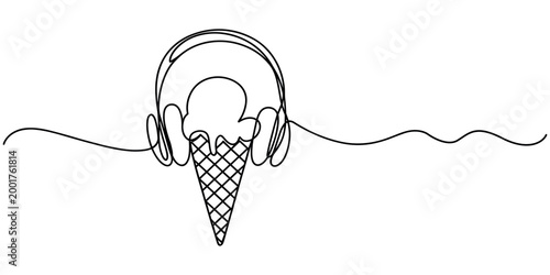 Single line of an ice cream cone with headphones single line continuous line minimalist black and white