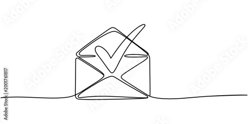 Single line of an open envelope with a check mark tick in white background