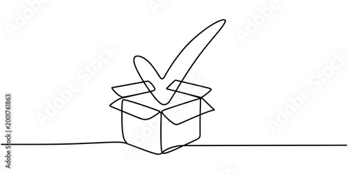 Single line of an open parcel box with a checkmark symbol open box tick approval in white background