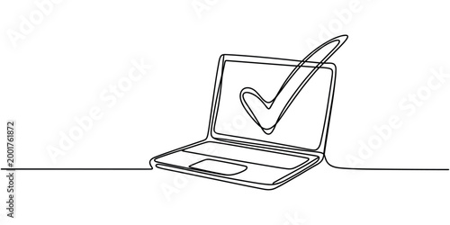 Single line of an open laptop with a check mark on the screen single line outline technology computer