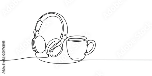 Single line of headphones and coffee mug on white background single line continuous line beverage