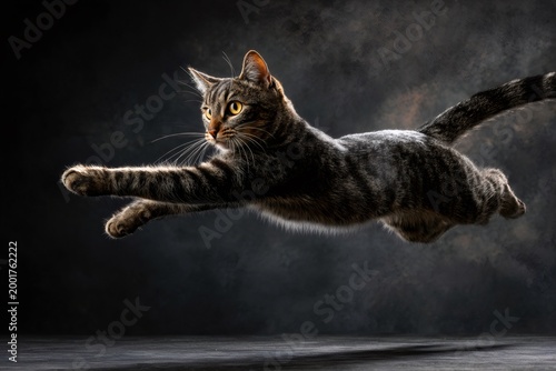 Tabby cat mid leap, stretching paws forward, gazing intently. Graceful movement evoking agility, speed, and focus