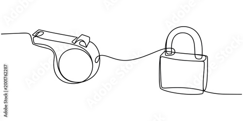 Whistle connected to padlock by a line security in white background