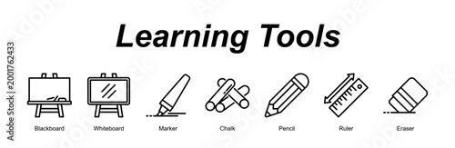 Learning Tools web banner icon concept for with icon of Blackboard, Whiteboard, Marker, Chalk, Pencil, Ruler, Eraser.