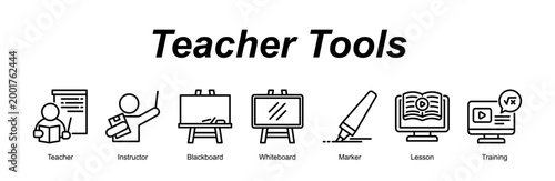 Teacher Tools web banner icon concept for with icon of Teacher, Instructor, Blackboard, Whiteboard, Marker, Lesson, Training.