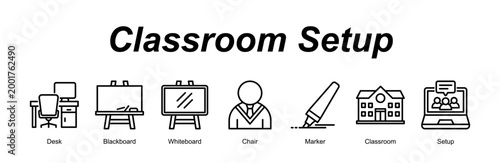 Classroom Setup web banner icon concept for with icon of Desk, Blackboard, Whiteboard, Chair, Marker, Classroom, Setup.