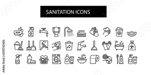 Set of 30 outline icons related to sanitation and hygiene. 
Linear icon collection. Editable stroke. Vector illustration