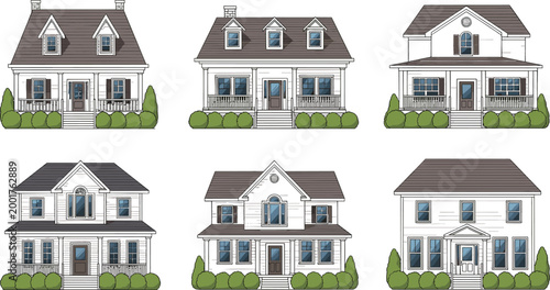 Suburban Residential Houses Collection Front View Home Exterior Architecture Set with Modern Family Property Facade Vector Illustration