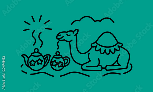 Whimsical camel and tea illustration with sun and clouds, teal background