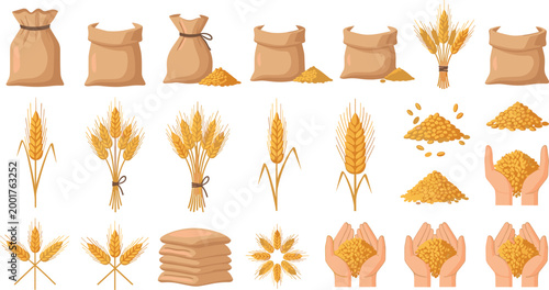 Wheat Grain and Flour Sack Agriculture Harvest Collection with Cereal Ears Bundles Seeds and Farm Food Ingredient Vector Illustration Set