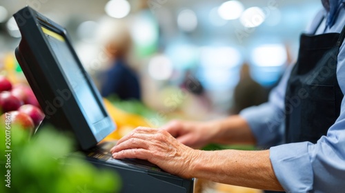 Shop assistant's hands operating a point of sale terminal and cash register in a grocery store, serving customers