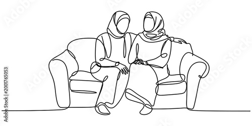 Continuous line drawing of two muslim women wearing hijabs sitting together on a sofa talking and relaxing Vector, illustration