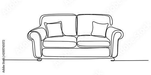 Continuous single line drawing of a comfortable sofa with two cushions for modern living room interior design concept Vector, illustration