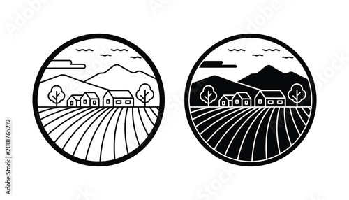 Rural landscape with farm houses and mountains inside circular frame vector illustration set