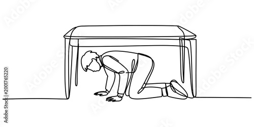 Continuous single line drawing of a scared person hiding under a table during an earthquake or emergency situation Vector, illustration
