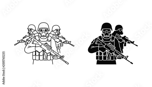 Military soldiers with gas masks and rifles in outline and solid black silhouette vector design