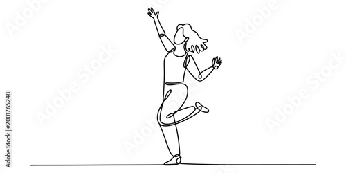 Continuous single line drawing of a happy young woman dancing and jumping with joy Vector, illustration
