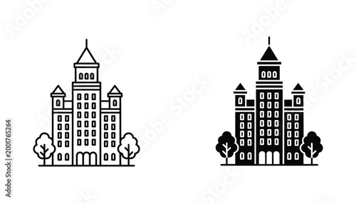 University or school building with trees in outline and solid black silhouette vector graphic set