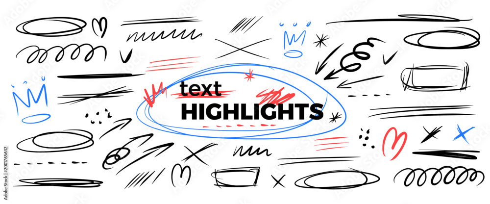 Obraz premium Text highlights hand-drawn set. Messy pen abstract emphasis doodles. Scribbles, expressive scratches set. Text highlight lines, circles, spontaneously underlines scrawl. Vector pencil brush tangles.