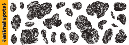 Animal fur spots in bold black with swirling brush marks for pattern. Textured animal fur blobs in crayon as a vector set. Hand drawn silhouette shapes in abstract skin form for decoration design.