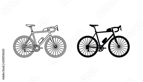 Racing road bicycle icon set featuring lightweight frame and gear components in clean linear and solid black silhouette designs for sports and fitness branding