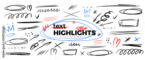 Text highlights hand-drawn set. Messy pen abstract emphasis doodles. Scribbles, expressive scratches set. Text highlight lines, circles, spontaneously underlines scrawl. Vector pencil brush tangles.