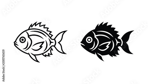 Set of two fish silhouette icons featuring detailed line art and solid black graphic style for marine life branding and aquatic vector design projects