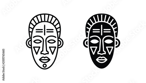 Stylized African tribal mask icon set featuring traditional artistic patterns in clean linear and solid black silhouette designs for cultural and heritage branding
