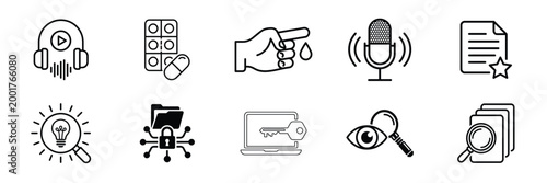 Hand drawn podcast and audio recording equipment icons set in black and white