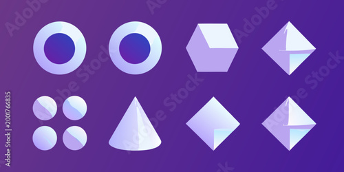collection of 3d geometric shapes on purple background