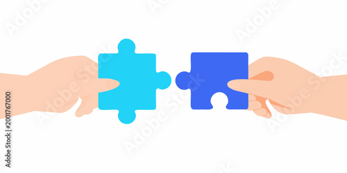 hands connecting puzzle pieces in flat vector style