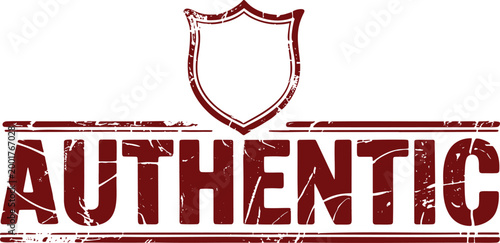 Maroon grunge authentic stamp featuring a shield emblem representing genuine quality and originality and trust