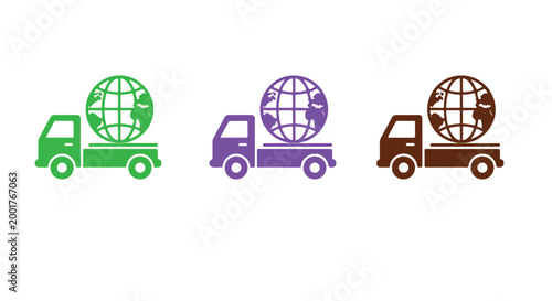 Set of three colorful delivery trucks with globe symbols representing international shipping and logistics services