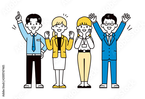 嬉しそうに喜ぶ、オフィスで働くビジネスマン・男女の会社員の全身ベクターイラスト素材セット