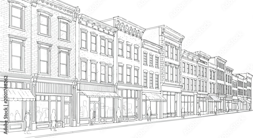 Obraz premium Sketch of Classic Urban Street with Shop Buildings Vector Illustration