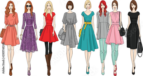 Elegant Fashion Women Vector Illustration Set with Stylish Ladies in Colorful Dresses, Outfits, and Accessories for Fashion Design