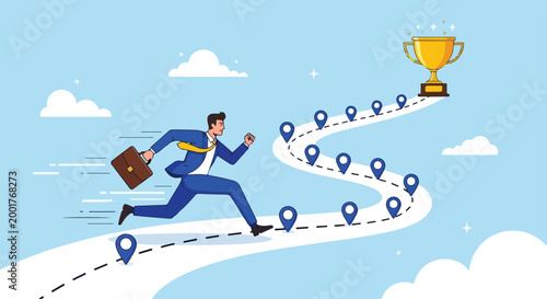 Business professional in a suit running along a path of location markers towards a trophy representing success