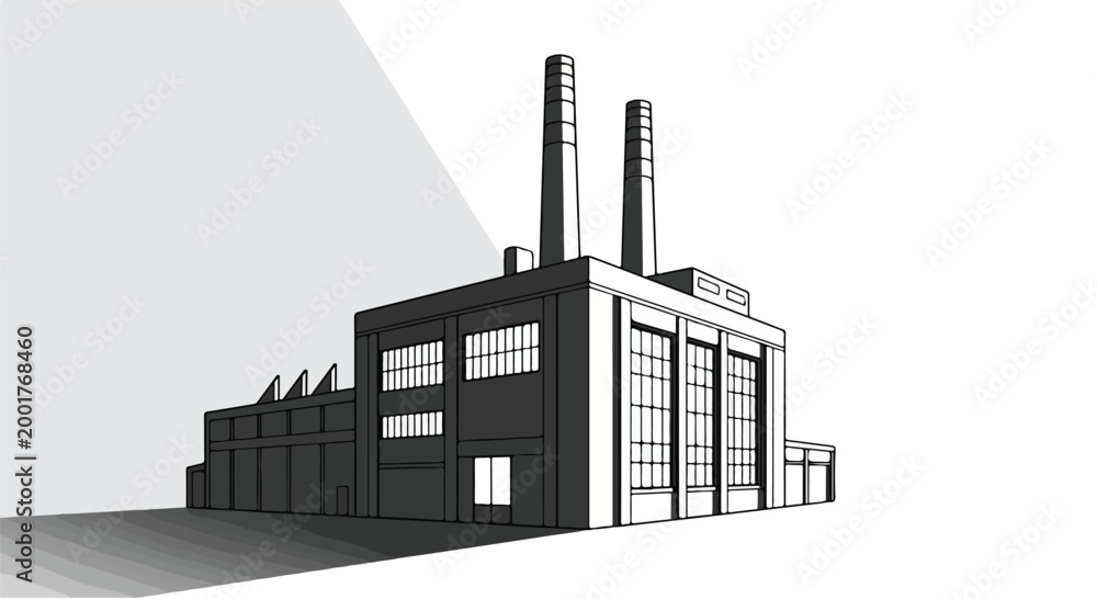 Fototapeta premium Industrial Factory Building Vector Illustration with Smokestacks