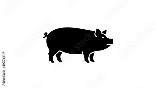 A high-contrast black silhouette of a standing pig against a solid white background. Clean minimalist design showing a profile view of a farm animal with a curly tail.