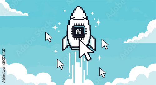 Digital marketing concept with multiple computer cursor icons clicking on a rocket shaped AI technology symbol